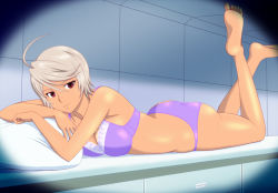  10s 1girl ahoge barefoot bra breasts cap_(dkdm-d) cleavage female_focus full_body hair_between_eyes indoors lingerie lying on_stomach panties pillow purple_panties red_eyes short_hair silver_hair solo the_pose uchuu_senkan_yamato uchuu_senkan_yamato_2199 underwear underwear_only yamamoto_akira  rating:Questionable score:41 user:dbaez2