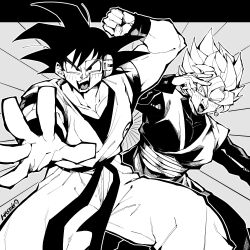  2boys arm_up artist_name black_border body_switch border captain_ginyu clenched_hand commentary_request dougi dragon_ball dragon_ball_super dragon_ball_xenoverse dragonball_z earrings goku_black haseko123 hatching_(texture) jewelry looking_at_viewer male_focus monochrome multiple_boys muscular muscular_male open_mouth pectoral_cleavage pectorals personality_switch potara_earrings ring scouter single_earring son_goku spiked_hair super_saiyan super_saiyan_rose wide-eyed wristband 
