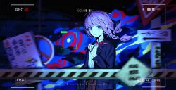  1girl absurdres arrow_(symbol) battery_indicator blazer blue_eyes blue_jacket blurry blurry_background braid brown_skirt closed_mouth collared_shirt commentary cowboy_shot curantohashdash dark expressionless hand_up highres jacket kaf_(kamitsubaki_studio) kamitsubaki_studio long_hair long_sleeves looking_at_viewer neck_ribbon pink_hair plaid_clothes plaid_skirt recording red_ribbon ribbon road_sign shirt sign skirt solo standing stop_sign symbol-only_commentary translation_request twin_braids viewfinder virtual_youtuber white_shirt wind 
