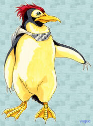  1990s_(style) animal_focus beak bird claws flippers full_body green_eyes marker_(medium) neon_genesis_evangelion no_humans penguin penguin_tail penpen retro_artstyle tail traditional_media vogue webbed_feet 