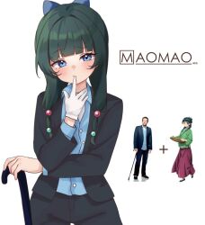  1girl :/ alternate_costume biting biting_glove black_jacket black_pants black_suit blue_bow blue_eyes blue_shirt blush bow buttons cane character_name closed_mouth collared_shirt commentary copyright_logo cosplay cowboy_shot dress_pants dress_shirt english_commentary formal_clothes genre_connection gloves green_hair gregory_house gregory_house_(cosplay) hair_bobbles hair_bow hair_ornament holding holding_cane house_m.d. jacket kusuriya_no_hitorigoto logo_parody long_hair long_sidelocks long_sleeves looking_at_viewer low-tied_sidelocks maomao_(kusuriya_no_hitorigoto) moshiedraws official_art_inset pants parody photo_inset plus_sign raised_eyebrows real_life_insert reference_inset shirt sidelocks simple_background single_glove solo straight-on suit suit_jacket white_background white_gloves 