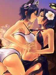 01rosso 10s 2girls armpits ass bad_id bad_pixiv_id bare_shoulders bikini breasts butt_crack evening eye_contact finger_to_another&#039;s_mouth flower from_side gradient_background hair_between_eyes hair_flower hair_ornament halo halterneck hand_on_another&#039;s_face headgear hibiscus holding_hands interlocked_fingers kantai_collection looking_at_another lying mechanical_halo midriff mole mole_under_eye multiple_girls navel off_shoulder on_back parted_lips purple_eyes purple_hair revealing_clothes sarong smile swimsuit tatsuta_(kancolle) tatsuta_(swimsuit)_(kancolle) tenryuu_(kancolle) tenryuu_(swimsuit)_(kancolle) underboob white_bikini yellow_eyes yuri rating:Sensitive score:36 user:danbooru