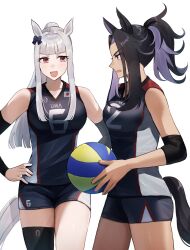  2girls animal_ears armband ball black_hair black_thighhighs blunt_bangs blush bow breasts chisanchisyo3 detached_sleeves ear_bow ear_ribbon fenomeno_(umamusume) gold_ship_(umamusume) grey_hair highres horse_ears horse_girl horse_tail japanese_flag long_hair looking_at_viewer medium_breasts multicolored_hair multiple_girls open_mouth purple_eyes purple_hair shirt shorts simple_background single_thighhigh sleeveless sleeveless_shirt smile sportswear tail thighhighs umamusume volleyball volleyball_(object) volleyball_uniform white_background 