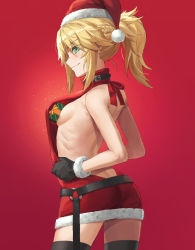  1girl arched_back ass back bare_arms bare_shoulders belt blonde_hair box braid breasts fate/apocrypha fate_(series) from_side gift gift_box green_eyes grin hat highres long_hair looking_at_viewer looking_to_the_side mordred_(fate) mordred_(fate/apocrypha) ponytail profile red_background red_sweater revision santa_hat sideboob simple_background small_breasts smile solo sweater teeth thighs tonee virgin_killer_sweater  rating:Questionable score:43 user:danbooru
