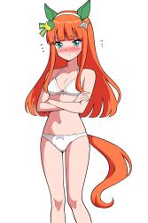  absurdres bad_link blunt_bangs bra breasts cleavage closed_mouth collarbone crossed_arms embarrassed hair_between_eyes hair_ornament hairband highres horse_girl long_hair looking_at_viewer navel panties silence_suzuka_(umamusume) small_breasts sodeshita_marshmallow umamusume underwear white_background 