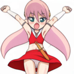  1girl arms_up blue_eyes blush cameltoe flat_chest hair_ornament hairclip jewelry knife loli long_hair looking_at_viewer midriff navel necklace open_mouth oto_tachibana panties pink_hair pointy_ears red_shirt red_skirt sheath shirt skirt sleeveless sleeveless_shirt standing t_jiroo_(ringofriend) underwear white_background white_panties wind wind_lift wristband yamato_takeru 