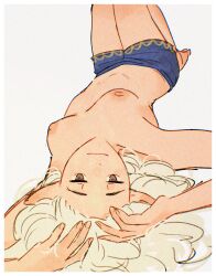  1girl arms_up asimov_(spindle_(aidenr0)) bare_shoulders barefoot blue_shorts border breasts brown_eyes commentary english_commentary hair_spread_out highres knees_up light_smile looking_at_viewer lying medium_breasts medium_hair nipples on_back original short_shorts shorts solo spindle_(aidenr0) topless_female upside-down white_background white_border white_hair  rating:Questionable score:105 user:danbooru