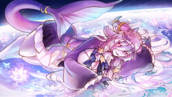  1girl animal_ears animal_feet animal_hands breasts capricorn_(zodiac) claws colored_eyelashes colored_skin commentary_request commission digitigrade dress fangs fins fish_tail goat_ears goat_horns hogara horn_ornament horn_ring horns indie_virtual_youtuber large_breasts long_hair looking_at_viewer lying monster_girl multiple_horns on_side partially_submerged pink_eyes pink_hair purple_dress purple_skin shooting_star skeb_commission sleep_mask sleeves_past_wrists solo star_(sky) tail tail_ornament tail_ring very_long_hair virtual_youtuber water zodiac 