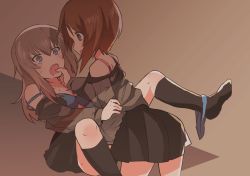 10s 2girls black_legwear black_skirt blue_bra blue_eyes blush bra breasts brown_eyes brown_hair cleavage clothes_pull commentary constricted_pupils dress_shirt fang finger_in_another&#039;s_mouth frown girls_und_panzer grey_shirt highres imminent_rape itsumi_erika kneeling kuromorimine_school_uniform leaning_forward long_hair long_sleeves looking_at_another lying medium_breasts miluke miniskirt multiple_girls nishizumi_miho no_shoes off_shoulder on_back open_clothes open_mouth open_shirt panties panties_around_leg pink_bra pleated_skirt saliva school_uniform shirt shirt_pull short_hair silver_hair skirt smile socks straddling strap_slip sweat tearing_up underwear yuri rating:Questionable score:33 user:danbooru