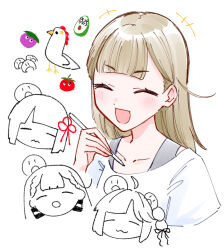  +++ 3: 3girls :d :o ^_^ ahoge anyoji_hime avocado avocado_(love_live!) avocado_slice bird blush bow braid brown_hair center-flap_bangs chibi chicken closed_eyes closed_mouth collarbone detached_ahoge drawing_(object) eggplant flower_knot hair_bow hair_ribbon highres kachimachi_kosuzu link!_like!_love_live! love_live! momose_ginko multi-tied_hair multiple_girls nasu-san_(love_live!) open_mouth partially_colored peking_duck_(love_live!) ponytail ribbon shirt short_sleeves side_braids smile tomati_(love_live!) tomato virtual_youtuber white_shirt zangemiya 