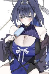  1girl :/ absurdres arm_at_side black_hair black_jacket blue_eyes blue_hair blue_one-piece_swimsuit blush breasts chain chain_headband cleavage cleavage_cutout closed_mouth clothing_cutout colored_inner_hair commentary covered_navel cropped_jacket ewn floating_hair food hair_intakes hand_up highleg highleg_one-piece_swimsuit highres holding holding_food holding_popsicle hololive hololive_english jacket large_breasts long_hair long_sleeves looking_at_viewer multicolored_hair off_shoulder official_alternate_costume one-piece_swimsuit open_clothes open_jacket ouro_kronii ponytail popsicle simple_background solo swimsuit two-tone_hair very_long_hair virtual_youtuber white_background 