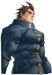  1boy absurdres breast_pocket brown_eyes brown_hair buttons cropped_torso edaki_shin&#039;ya gakuran game_cg highres justice_gakuen kazama_daigo male_focus moero!_justice_gakuen non-web_source official_art pocket scar scar_across_eye scar_on_face school_uniform simple_background solo spiked_hair white_background 