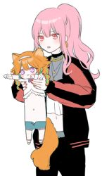 2girls :3 animal animal_ears cat cat_ears cat_tail holding holding_animal holding_cat hololive hololive_english jacket long_hair longcat_(meme) mamaloni meme mori_calliope mori_calliope_(streetwear) multiple_girls nail_polish official_alternate_costume orange_hair pink_hair ponytail simple_background stomach tail takanashi_kiara takanashi_kiara_(casual) virtual_youtuber white_background rating:Sensitive score:10 user:danbooru