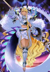  1girl absurdly_long_hair arm_armor armor blonde_hair blue_horns blue_nails breastplate breasts cape chin_piercing crop_top dragon_girl dragon_tail face_piercing facial_mark fate/grand_order fate_(series) full_body fur_cape game_cg gauntlets grin hair_ornament hand_up holding holding_behind_back holding_polearm holding_polearm_behind_back holding_weapon holding_weapon_behind_back horns la-na leg_armor legs_together long_hair long_sidelocks long_tail looking_at_viewer midriff miniskirt navel official_art outstretched_arm piercing polearm scales sidelocks single_sidelock skirt smile solo tail teeth third-party_source toeless_legwear toenails toes variant_set very_long_hair very_long_sidelocks vritra_(fate) vritra_(third_ascension)_(fate) weapon white_armor white_cape white_skirt yellow_eyes 