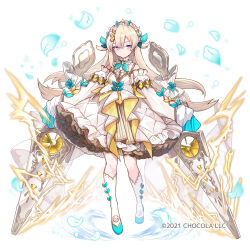  1girl absurdres aqua_bow aqua_shoes bare_shoulders blonde_hair bow braid breasts cake_slicer center_frills choker closed_mouth copyright_notice crown_braid detached_sleeves dress dual_wielding electricity empire_waist falling_leaves frilled_choker frilled_dress frills full_body gem hair_between_eyes hair_ornament hairclip highres holding holding_weapon kneehighs leaf leaf_brooch leaf_hair_ornament long_hair long_sleeves looking_at_viewer macchoko medium_breasts medium_dress official_art oversized_object petticoat puffy_detached_sleeves puffy_long_sleeves puffy_sleeves purple_eyes rare_cheesecake_(sugar_conflict) shoes simple_background single_sidelock sleeve_bow sleeveless sleeveless_dress sleeves_past_fingers sleeves_past_wrists socks solo standing sugar_conflict two-sided_dress two-sided_fabric two_side_up weapon white_background white_choker white_dress white_socks yellow_bow yellow_dress yellow_gemstone 