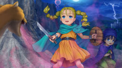 1boy 1girl bandana belt bianca_(dq5) black_hair blonde_hair blue_cape blue_eyes braid cape child dragon_quest dragon_quest_v dress earrings hero_(dq5) highres holding holding_sword holding_weapon jewelry lightning long_hair moon mutsuki_(moonknives) night orange_dress parted_lips shield short_hair sky sword twin_braids weapon wooden_shield rating:General score:2 user:danbooru