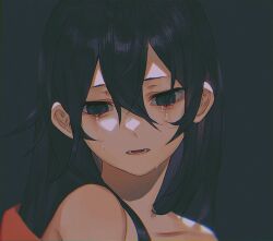  1girl 23i2ko black_eyes black_hair blurry blurry_background crying crying_with_eyes_open double-parted_bangs facing_viewer hair_between_eyes hair_over_shoulder head_tilt long_hair open_mouth original portrait simple_background solo tears 