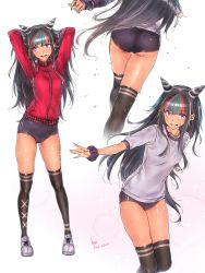 1girl ass black_hair black_thighhighs breasts buruma commentary_request danganronpa_(series) danganronpa_2:_goodbye_despair grey_hair gym_uniform hair_horns highres jacket jewelry long_hair looking_at_viewer medium_breasts mioda_69ch mioda_ibuki multicolored_hair multiple_views necklace open_mouth piercing pink_eyes pink_hair ring scrunchie shiny_skin shirt skindentation smile standing sweat t-shirt thighhighs thumb_ring track_jacket very_long_hair white_hair wrist_scrunchie rating:Sensitive score:26 user:danbooru