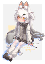 1girl 2025 :&lt; absurdres animal_ear_fluff animal_ears black_ribbon border borrowed_character bow brown_scarf brown_shoes brown_skirt brown_vest cat_ears cat_girl cat_hair_ornament cat_tail closed_mouth commentary dated drawstring eyes_visible_through_hair feifei_(shiofeifei) full_body gradient_hair grey_hair hair_bow hair_intakes hair_ornament highres invisible_chair karv left_shoe_removed leg_warmers loafers long_hair long_sleeves looking_at_viewer miniskirt multicolored_hair original outside_border pantyhose pleated_skirt pom_pom_(clothes) ribbon scarf shoe_dangle shoes sitting skirt sleeve_ribbon solo sweater tail thick_eyebrows turtleneck turtleneck_sweater two-tone_hair two_side_up very_long_hair vest white_border white_bow white_hair white_leg_warmers white_pantyhose white_sweater yellow_eyes