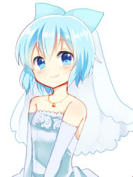  1girl alternate_costume bare_shoulders blue_eyes blue_hair blush bow bridal_veil bride cirno dress elbow_gloves female_focus gloves hair_bow jewelry looking_at_viewer matching_hair/eyes necklace ochazuke short_hair simple_background smile solo touhou upper_body veil wedding_dress white_background  rating:Sensitive score:22 user:danbooru