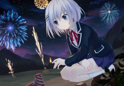  1girl black_jacket blazer blue_eyes blue_skirt brown_shoes closed_mouth date_a_live date_a_live:_spirit_pledge fireworks game_cg hair_ornament hairclip jacket long_sleeves mountain neck_ribbon night official_art pleated_skirt raizen_high_school_uniform red_ribbon ribbon school_uniform shirt shoes short_hair skirt socks solo squatting third-party_source tobiichi_origami v-shaped_eyebrows white_hair white_shirt white_socks 