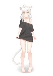  1girl absurdres animal_ears barefoot black_shirt cat_ears cat_girl cat_tail chinese_commentary commentary_request full_body highres looking_at_viewer medium_hair naked_shirt off_shoulder original shirt shirt_tug short_sleeves simple_background single_bare_shoulder standing tail white_background white_hair yellow_eyes zhai_mi_xing_hui 
