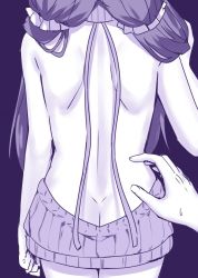 1girl arm_at_side ass back back_focus backless_dress backless_outfit bare_back butt_crack clenched_hand commentary_request cowboy_shot dimples_of_venus dress from_behind highres love_live! love_live!_school_idol_project meme_attire monochrome pov pov_hands purple_theme scrunchie sky-freedom solo_focus standing sweatdrop tojo_nozomi turtleneck twintails virgin_killer_sweater rating:Sensitive score:48 user:danbooru