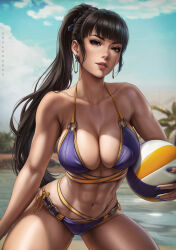  1girl abs beach_volleyball bikini black_hair blue_bikini blue_monsoon_(stellar_blade) blue_nails blue_sky breasts brown_eyes cleavage collarbone commentary dandon_fuga earrings english_commentary eve_(stellar_blade) highres jewelry large_breasts long_hair looking_at_viewer navel oasis outdoors palm_tree parted_lips ponytail sky solo stellar_blade sternocleidomastoid_muscle stomach swimsuit toned toned_female tree very_long_hair 