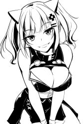  1girl bare_shoulders breasts cleavage_cutout clothing_cutout commentary_request greyscale grin hair_ornament kaguya_luna large_breasts looking_at_viewer medium_hair monochrome open_mouth regdic simple_background smile solo the_moon_studio twintails white_background x_hair_ornament 
