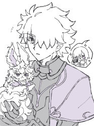  1boy 1girl armor breastplate camera capelet chibi chickenuma_0 closed_eyes closed_mouth commentary_request creature fate/grand_order fate_(series) fou_(fate) galahad_(fate) gauntlets glasses gloves hair_over_one_eye highres holding holding_camera holding_creature knight looking_at_viewer mash_kyrielight monochrome spiked_hair 