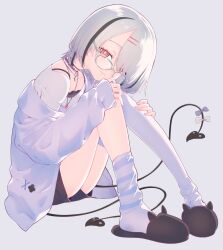  1girl asumi_sena asymmetrical_legwear black_hair black_shorts bow bra_strap cattleya_regina_games demon_tail glasses grey_background grey_hair hair_ornament highres hugging_own_legs jacket jewelry multicolored_hair necklace niboshidrip pink_eyes shirt shorts simple_background single_off_shoulder single_thighhigh sitting sleeves_past_wrists slippers socks solo streaked_hair striped_clothes striped_socks tail thighhighs virtual_youtuber vspo! white_jacket white_shirt white_socks white_thighhighs 