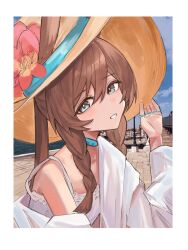  1girl adjusting_clothes adjusting_headwear alternate_costume amiya_(arknights) animal_ears arknights bare_shoulders blue_choker blue_eyes blush border braid brown_eyes choker day dress flower grin ha_(huton_in_mach) hair_between_eyes hat hat_flower head_tilt highres jewelry long_hair looking_at_viewer multiple_rings no_nose outdoors photo_background ponytail rabbit_ears rabbit_girl rabbit_tail ring smile solo spaghetti_strap straw_hat sun_hat swimsuit_cover-up tail thumb_ring twin_braids upper_body white_border white_dress 