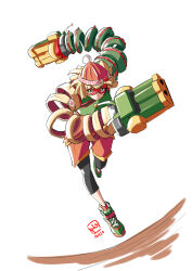 1girl arms_(game) automatic_giraffe beanie blonde_hair dragon_(arms) eye_mask green_eyes green_shoes hat min_min_(arms) running shoes short_hair solo