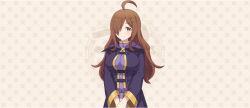  1girl ahoge breasts brown_eyes brown_hair closed_mouth cowboy_shot cross_brooch dress game_cg gold_trim hair_over_one_eye highres hooded_robe kono_subarashii_sekai_ni_shukufuku_wo! konosuba!_fantastic_days large_breasts light_blush long_dress long_hair looking_at_viewer official_art one_eye_covered own_hands_together patterned_background purple_dress purple_robe robe sidelocks smile solo standing tachi-e wavy_hair wiz_(konosuba) 
