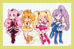  4girls aono_miki arms_behind_back asymmetrical_dress black_boots black_bow black_pantyhose black_thighhighs blonde_hair blue_boots blue_bow blue_choker blue_gloves blue_skirt boots border bow bow_skirt bright_pupils choker closed_mouth clover clover_brooch cropped_shirt cross-laced_clothes cross-laced_dress cross-laced_skirt cure_berry cure_passion cure_peach cure_pine deformed diamond_hair_ornament dot_nose dotted_line dress drill_hair earrings eyelashes floating_hair four-leaf_clover fresh_precure! frilled_arm_warmers frilled_dress frilled_shirt frilled_skirt frilled_sleeves frilled_wrist_cuffs frills full_body gloves green_border grid_background hair_between_eyes hair_bow hair_ornament hairband hand_on_own_chest hand_on_own_hip happy harp heart heart_earrings heart_hair_ornament higashi_setsuna high-waist_skirt high_heel_boots high_heels high_side_ponytail highres instrument jewelry jumping knee_boots kneehighs leaning_forward long_dress long_hair looking_at_viewer magical_girl midriff miniskirt momozono_love multiple_girls navel one_eye_closed one_side_up open_mouth orange_boots orange_bow orange_eyes orange_hair outline outstretched_hand pantyhose petticoat pink_boots pink_bow pink_choker pink_eyes pink_hair pink_skirt pointing pointing_up precure puffy_short_sleeves puffy_sleeves puffy_wrist_cuffs purple_border purple_eyes purple_hair purple_socks red_arm_warmers red_bow red_dress red_eyes ribbon-trimmed_shirt ribbon_trim shirt short_sleeves sidelocks signature single_glove skirt smile socks square_neckline standing swept_bangs tareme thigh_boots thighhighs twintails uwded_207 very_long_hair waist_bag waist_bow white_background white_bag white_choker white_hairband white_outline white_pupils white_shirt wing_hair_ornament wrist_bow wrist_cuffs wristband yamabuki_inori yellow_skirt yellow_wrist_cuffs zettai_ryouiki 
