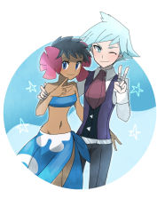  10s 1boy 1girl bandeau bare_shoulders black_hair blue_eyes dark_skin elite_four flower grey_eyes hair_flower hair_ornament hand_on_another&#039;s_shoulder jewelry kuroi_paseri looking_at_viewer midriff navel nintendo one_eye_closed phoebe_(pokemon) pokemon pokemon_oras ring sarong short_hair silver_hair smile steven_stone strapless tube_top v  rating:Sensitive score:14 user:danbooru