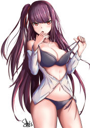 1girl :o absurdres bare_shoulders black_bra black_panties blunt_bangs bra breasts cleavage collarbone cowboy_shot female_focus finger_in_own_mouth girls&#039;_frontline highres large_breasts long_hair long_sleeves looking_at_viewer navel off_shoulder one_side_up open_clothes open_mouth open_shirt panties partially_unbuttoned pulling_own_clothes purple_eyes red_eyes sato_art shirt signature simple_background solo standing straight_hair strap_pull thighs tsurime underwear very_long_hair wa2000_(girls&#039;_frontline) white_background white_shirt rating:Sensitive score:13 user:danbooru