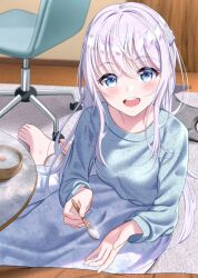  1girl barefoot blush bowl choppy_bangs commentary_request film_grain fingernails floral_print floral_print_skirt full_body grey_eyes grey_hair grey_sweater hair_between_eyes holding holding_spoon hominotsu indoors long_bangs long_hair long_skirt long_sleeves looking_at_viewer on_floor open_mouth original pov print_skirt rice_porridge rug sitting skirt smile solo spoon straight_hair sweater swivel_chair toenails white_skirt 