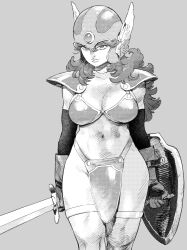  1girl ahn_dongshik armor bikini_armor breasts closed_mouth commentary_request crotch_plate curly_hair dragon_quest dragon_quest_iii grey_background greyscale helmet highres holding holding_shield holding_sword holding_weapon large_breasts long_hair monochrome navel shield simple_background warrior_(dq3) solo sword weapon winged_helmet  rating:Sensitive score:12 user:danbooru