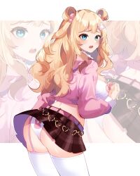  1girl absurdres animal_print artist_request ass belt black_skirt blonde_hair blondedaze blue_eyes breasts commentary cowboy_shot crop_top double_bun english_commentary garter_straps hair_bun hair_ornament hairclip heart highres indie_virtual_youtuber jacket large_breasts leaning_forward long_hair long_sleeves looking_at_viewer looking_back median_furrow midriff miniskirt open_mouth panties pink_jacket pleated_skirt print_panties rabbit_panties rabbit_print second-party_source shirt single_garter_strap skirt solo thighhighs underwear virtual_youtuber wavy_hair white_background white_panties white_shirt white_thighhighs zoom_layer 