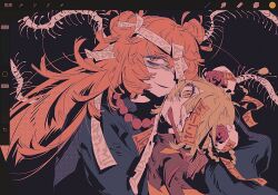  2girls bead_necklace beads black_background black_dress blonde_hair bug centipede don_quixote_(project_moon) double_bun dress e.g.o_(project_moon) flower grin hair_bun highres hundred-footed_death_maggot_(e.g.o) ishmael_(project_moon) jewelry limbus_company long_hair long_sleeves looking_at_viewer meijiichigo multiple_girls necklace ofuda ofuda_on_head open_mouth orange_hair project_moon red_flower red_rose red_sheet_(e.g.o) rose shaded_face sidelocks simple_background smile very_long_hair 