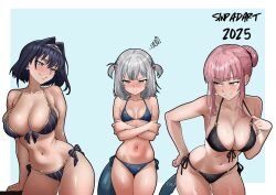  3girls :t alternate_costume bikini black_bikini blue_background blue_bikini blue_eyes blue_hair blunt_bangs blush border bow bow_bikini bow_earrings breast_envy breasts chain chain_hairband chain_headband cleavage collarbone commentary crossed_arms earrings english_commentary fins fish_tail gawr_gura gluteal_fold grey_hair grin hair_between_eyes hair_bun hair_intakes hair_ornament hand_on_own_hip highres hololive hololive_english jewelry large_breasts long_hair looking_at_another medium_breasts mori_calliope multicolored_hair multiple_girls navel ouro_kronii parted_lips pink_eyes pink_hair pout print_bikini shark_girl shark_hair_ornament shark_tail short_hair shrimp_print sinpadart skull_and_crossbones smile stomach strap_pull streaked_hair striped_bikini striped_clothes sweat swimsuit tail thick_thighs thighs two_side_up virtual_youtuber wavy_hair wet white_border 