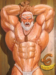  1boy abs absurdres angry armpits bara beard body_hair bound bound_arms connected_beard facial_hair fundoshi gouken headband highres iblokes japanese_clothes jewelry muscular muscular_male necklace nipples non-web_source old old_man street_fighter street_fighter_iv_(series) sweat 