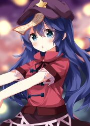  1girl alternate_hair_length alternate_hairstyle blue_eyes blue_hair blurry blurry_background blush brown_skirt commentary cowboy_shot hair_between_eyes hat hat_ornament highres jiangshi long_hair looking_at_viewer miyako_yoshika ofuda ofuda_on_head open_mouth outstretched_arms purple_hat red_shirt ruu_(tksymkw) shirt short_sleeves skirt solo star_(symbol) star_hat_ornament touhou zombie_pose 