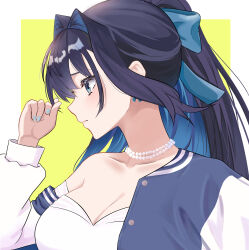  1girl absurdres alternate_costume bead_necklace beads blue_eyes blue_hair blue_jacket blue_nails blue_ribbon breasts chihayam02 cleavage colored_inner_hair from_side hair_ribbon highres hololive hololive_english jacket jewelry letterman_jacket long_hair multicolored_hair multicolored_jacket necklace ouro_kronii pearl_necklace ponytail ribbon solo two-tone_jacket upper_body 