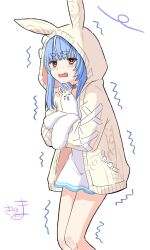  1girl animal_ears animal_hood blue_hair blush brown_jacket commentary_request don-chan_(usada_pekora) dress fake_animal_ears feet_out_of_frame highres hololive hood hood_up hooded_jacket jacket kiritoma long_hair rabbit-shaped_pupils rabbit_ears rabbit_hood red_eyes short_eyebrows signature simple_background solo symbol-shaped_pupils thick_eyebrows trembling usada_pekora usada_pekora_(casual) white_background white_dress wind 