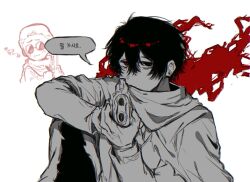  1boy aiming aiming_at_viewer arm_up bags_under_eyes black_eyes black_hair chibi chibi_inset cloak commentary_request covering_own_mouth double-parted_bangs e.g.o_(project_moon) feather_boa fell_bullet_(e.g.o) gubo_(project_moon) gun hair_between_eyes heterochromia holding holding_gun holding_weapon korean_commentary korean_text limbus_company looking_at_viewer male_focus partially_colored project_moon red_eyes red_hong00 short_hair speech_bubble translation_request weapon white_cloak yi_sang_(project_moon) 