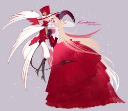  1boy 1girl angel_wings blonde_hair blush_stickers commentary couple demon_boy demon_girl demon_tail english_commentary english_text hair_slicked_back hazbin_hotel hetero highres holding_hands husband_and_wife k500yen lilith_(hazbin_hotel) looking_at_another lucifer_morningstar_(hazbin_hotel) multiple_wings tail wings 