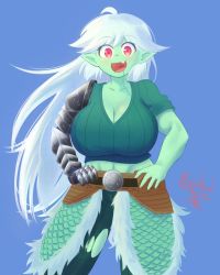  1girl absurdres ahoge armor artist_name belt blue_background blush breasts cleavage collarbone colored_skin commission cowboy_shot fang female_goblin gauntlets goblin green_skin highres large_breasts long_hair looking_at_viewer masked_ink md5_mismatch pants red_eyes scales scar signature simple_background solo torn_clothes torn_pants very_long_hair white_hair  rating:Sensitive score:21 user:Observer_Alpha