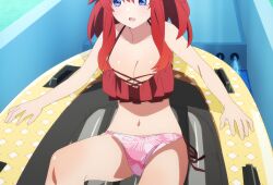  1girl absurdres anime_screenshot bare_shoulders bikini blue_eyes boat bow breasts cleavage dot_nose female_focus go-toubun_no_hanayome highres large_breasts legs long_hair midriff nakano_itsuki navel open_mouth ponytail raft red_bikini red_bow sitting sleeveless slide solo solo_focus stomach swimsuit thighs watercraft 